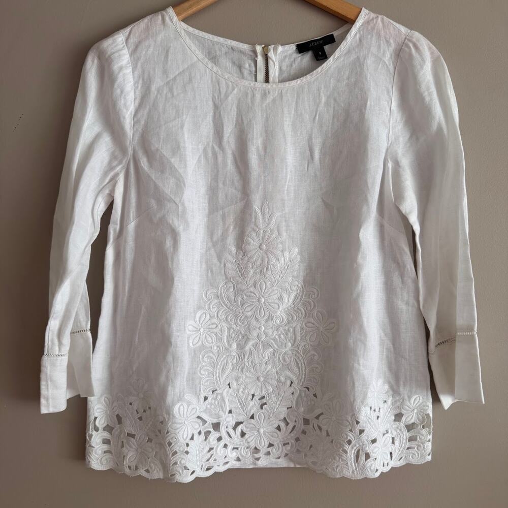 J.Crew White Linen Top Embroidered Cutout Blouse Size 2 Small